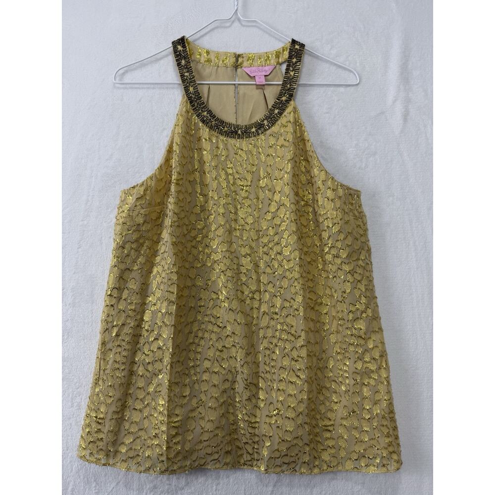 Lilly Pulitzer Corscia Metallic Gold Jacquard Silk Blend Beaded Top Size Medium